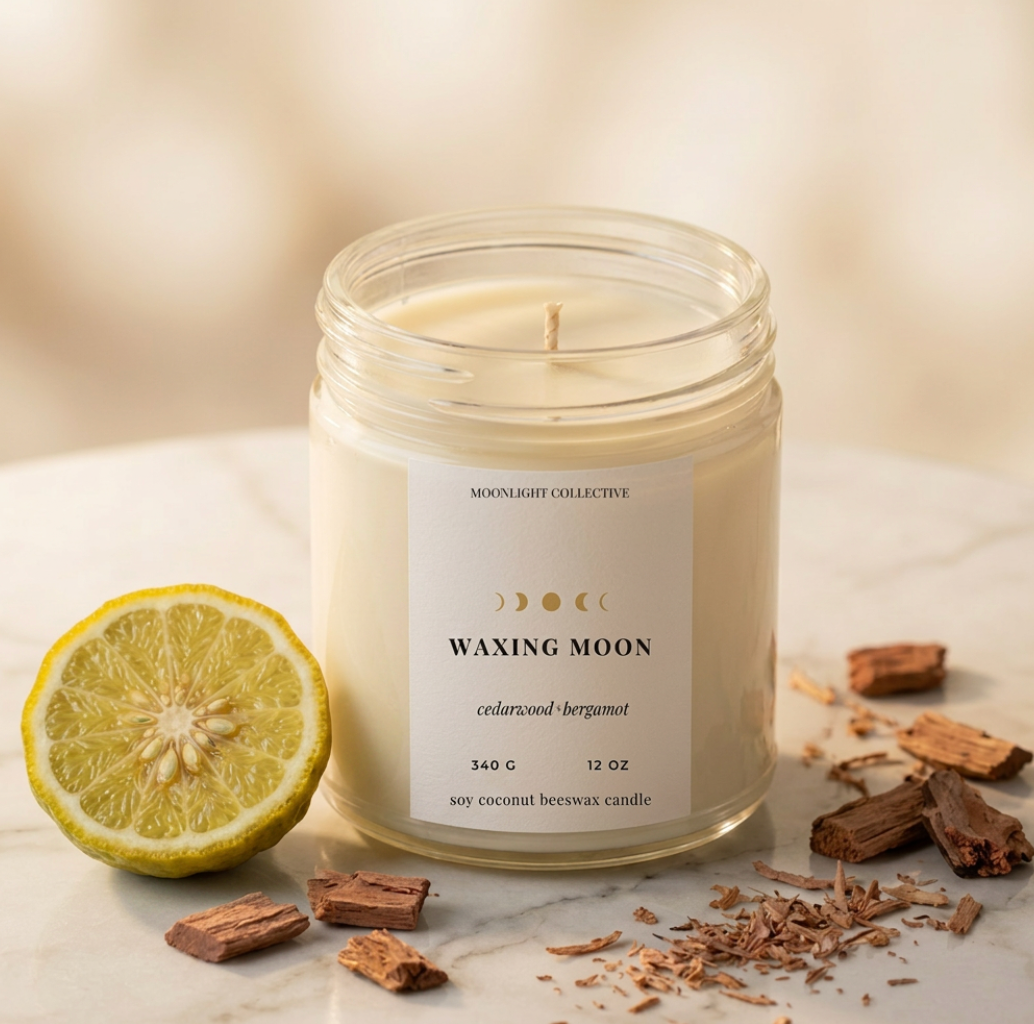 Waxing Moon Soy Coconut Beeswax Candle | Cedarwood + Bergamot | 12 oz