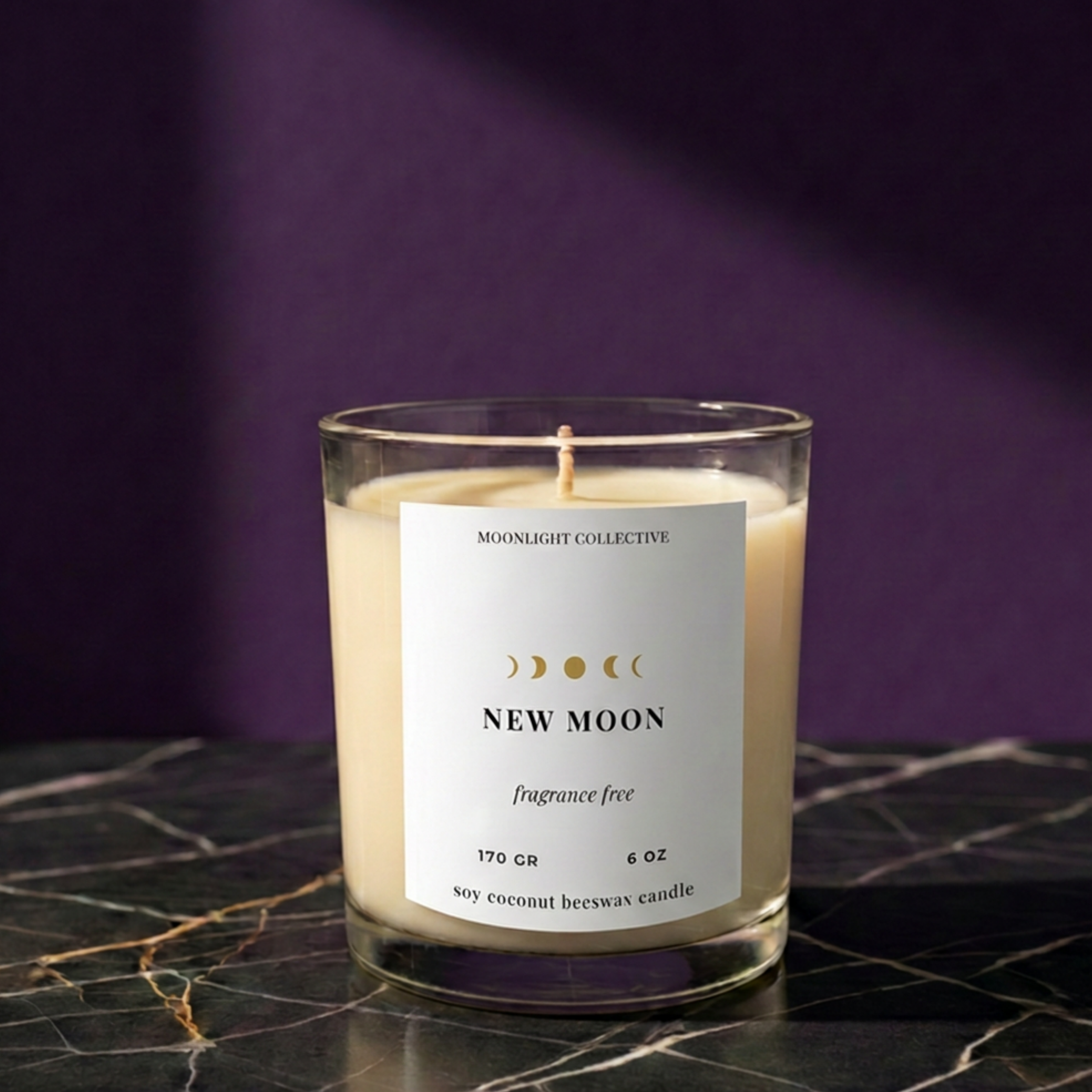New Moon Soy Coconut Beeswax Candle | Fragrance Free | 6 oz